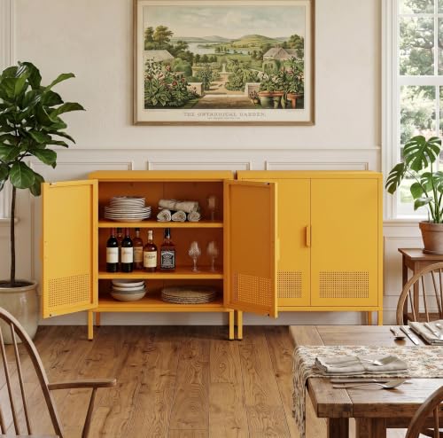 3 Tier Metal Storage Cabinet with Legs & 2 Doors, Locker Style Accent, 2 Adjustable Shelves, Multi-Purpose Organizer, Easy Assembly for Home, Office, Entryway, Yellow - color: Mustard, style: Cabinet-33"H-TK