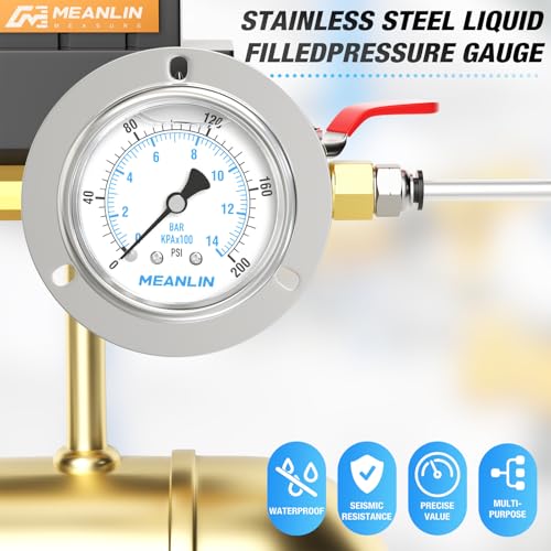 MEANLIN MEASURE 0~200Psi Liquid Filled Pressure Gauge Front Flange Panel Mount, 1/4" NPT 2.5" FACE DIAL Stainless Steel Case with Phillips Screw and Nut, +/-3-2-3% - size: 0-200Psi