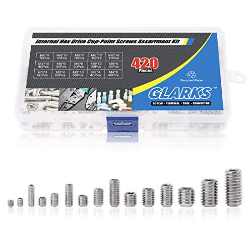 Glarks 420Pcs M3/M4/M5/M6/M8 Allen Head Socket Set Screw, 304 Stainless Steel Internal Hex Drive Grub Screw Assortment Kit