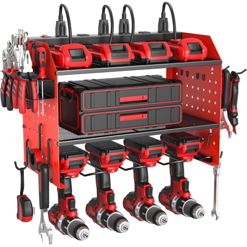 Power Tool Organizer Wall Mount 3 Layer Charging Station with 6 Outlets - color: Red