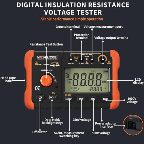 LEAGY VAD78 Digital Insulation Resistance Tester - Accurate Megohm Meter for DC/AC Voltage Testing (20-1500V, 20-750V) and Resistance Measurement (0-5000 Megohms)