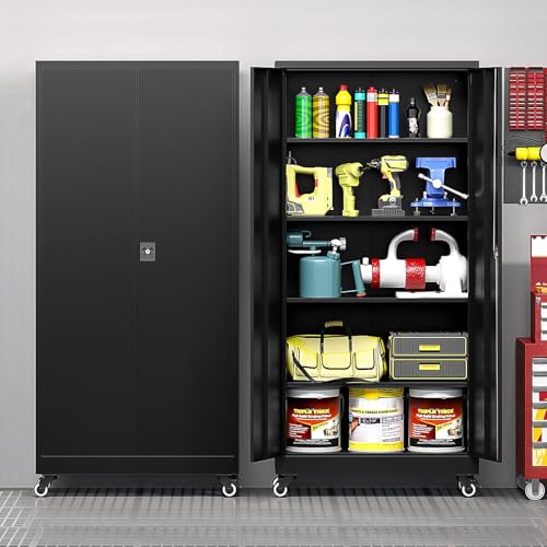 Metal Garage Storage Cabinet with Locking Doors and Adjustable Shelves, Wide & Deep Garage Cabinet on Wheels, 74.5" Rolling Tool Cabinet for Garage, Basement, Home Office - color: Black, size: 74.5"H x 31.5"W x 15.7"D