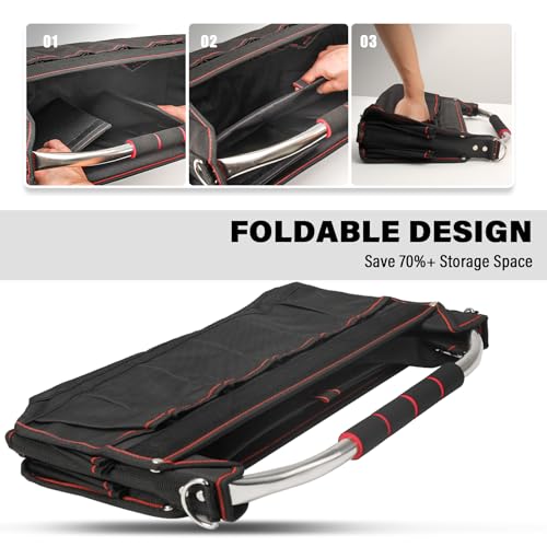 HAUTMEC 18" Foldable Tool Tote, Open Top Tool Bag with Removable Divider & Stiff Frame, 23-Pockets Electrician Tool Bag with Padded Steel Handle, Shoulder Strap & Water-Resistant Hard Base – HT0020 - size: 18-Inch, style: Foldable