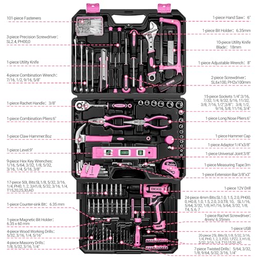 Pink Tool Kit Box Drill Set:DEKOPRO Home Mechanic Toolbox with 12V Power Cordless Drill Hand Repair Tools Sets Combo Kits Storage Organizer Drawer Case for Men & Women - color: Pink