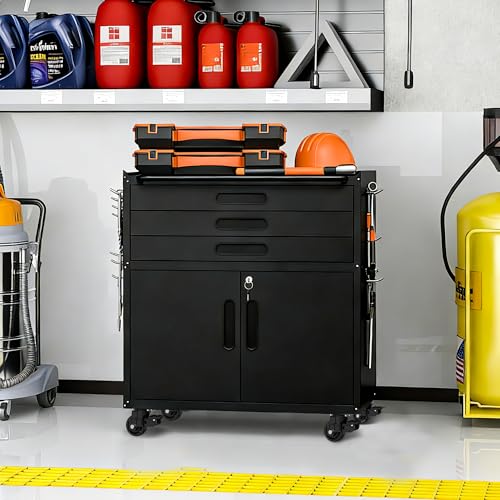 Metal Storage Cabinet for Garage, Tool Cabinet, Utility Cabinet - color: Black, size: M - 3 Drawers & 2 Doors (Wheeled)