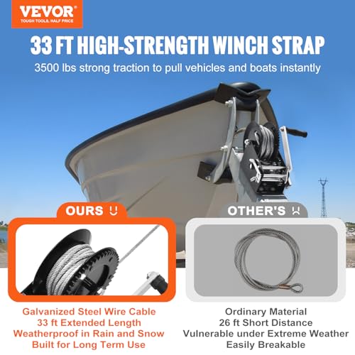 VEVOR Hand Winch, 3500 lbs Pulling Capacity, Boat Trailer Winch Heavy Duty Rope Crank with 33 ft Steel Wire Cable and Two-Way Ratchet, Manual Operated Hand Crank Winch for Trailer, Boat or ATV Towing - style: 3500lbs