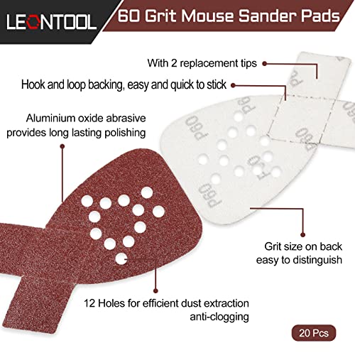 20 Pcs Mouse Detail Sander Sandpaper 60 Grit 12 Hole Mouse Sander Pads with 2 Extra Tips for Replacement Hook and Loop Sandpaper Triangle Sanding Sheets Aluminum Oxide Sanding Pads - style: 60 Grit