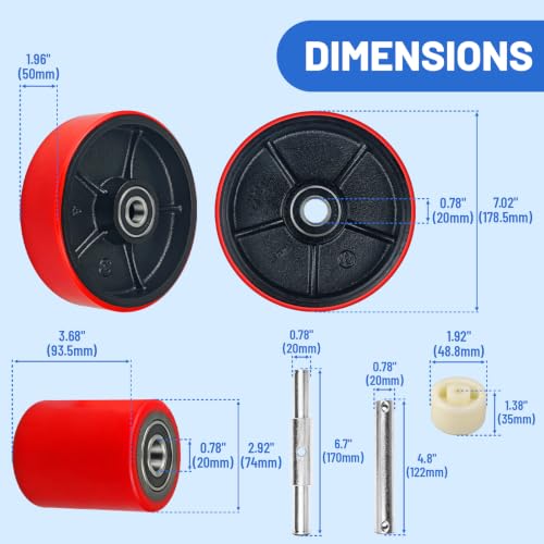 Complete Pallet Jack Wheels Replacement Kit with Axles, Red PU,Heavy-Duty - color: Red, size: 7" X 2" & 3.75" X 3"