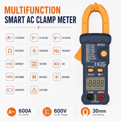 IZIO DT211 Mini Digital Clamp Meter, 600A AC Current Tester & 600V AC/DC Voltage Multimeter, True RMS, NCV Non-Contact Voltage Detector, Auto Range Resistance Capacitance Frequency Tester