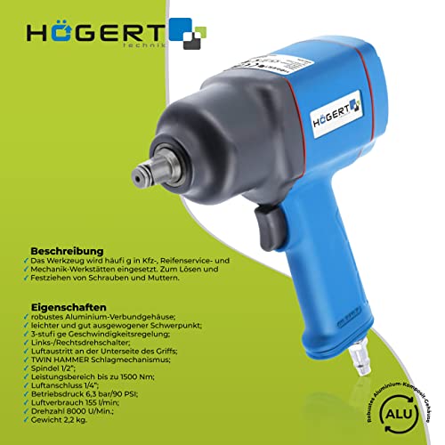 Högert Technik - HT4R623 Pneumatic Impact Wrench 1/2 Inch I Impact Mechanism - Twin Hammer I Power Range up to 1500 Nm I 3 Operating Ranges I Switch for Left/Right Rotation Direction I - style: 1/2 inch, 1500 Nm