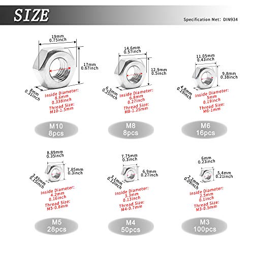 210PCS 304 Stainless Steel Hex Nuts Assortment Kit for Screw Bolt with 6 Sizes DIN 934 (M3 M4 M5 M6 M8 M10) Great Replacement Fasteners for Professionals, Repairmen or DIY, Meet Your Every Needs