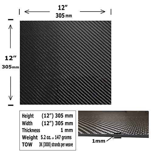 – 305mm x 305mm x 1mm – 100% - Pure Carbon Fiber Laminate Plate Panel – Black - 3K Plain Weave - Glossy Surface – for CNC Machining, Drones, Radio Control Cars, Boats – 12” x 12”-Square Plate - size: 3 - Plates