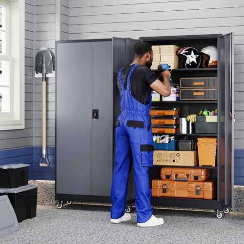 Yizosh Metal Garage Storage Cabinet with Locking Doors and Adjustable Shelves,- 75" Rolling Steel Tool Cabinet for Home Office,Garage,Warehouse - color: Gray Black, size: 75"H x 32"W x 16"D