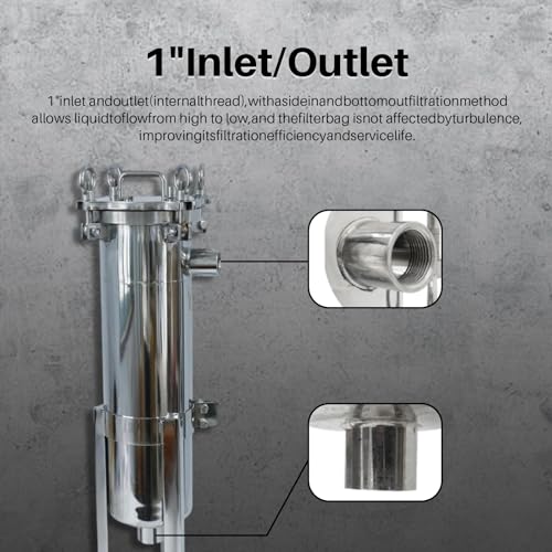 Bag Filter Purification, Filter Housing - 304 Stainless Steel Housing, 1" FNPT in/Out, 120PSI Industrial Pressure, for Water Treatment & Process Filtration