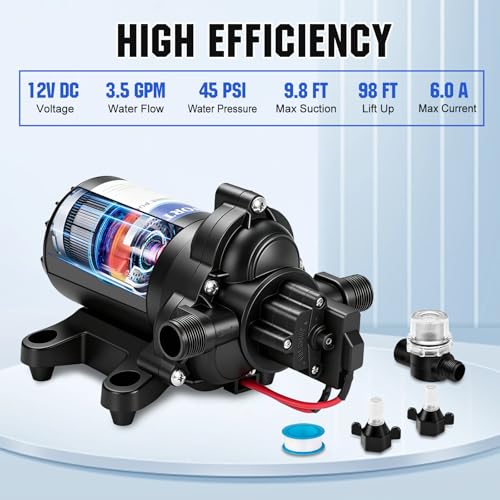 ECO-WORTHY RV Fresh Water Pump 12V DC 3.5GPM 45PSI with Pressure Switch, 12Volt Self Priming Water Pressure Diaphragm Pump On demand for RV Yacht Camper Sprayer Food Truck Black - color: Black 4