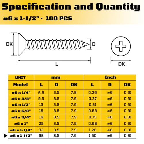 #6 x 1-1/2 inch Flat Head Wood Screws, 304 Stainless Steel Phillips Drywall Screws and Tapping Screws, High Hardness Screws for Drywall, Sheetrock, Wood (100 pcs) - size: #6 x 1-1/2"