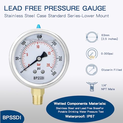 0-300 Psi Glycerin Liquid Filled Pressure Gauge, 2.5" Dial Size, 1/4" NPT Lower Mount, 304 Stainless Steel Case, for Pool Pump Sand Filter Air Compressor, Water Oil Air Pressure Test - size: 0-300 psi, style: Lower Mount