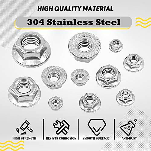 Hilitchi 140-Pcs M3 M4 M5 M6 M8 M10 M12 Hex Flange Nuts Assortment Kit - 304 Stainless Steel - size: 140Pcs Metric Hex Flange Nuts