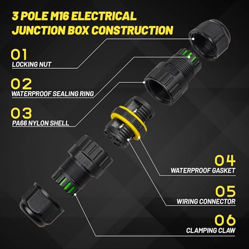 Oyviny 3 Pole Electrical Junction Box IP68 Waterproof, UL Certified M16 Wire Connector for 3.5-10mm Wire Range, Flame Retardant 3 Pin Outdoor Junction Box Connector for Repairing Extension Cord(4PCS) - size: M16-4PCS