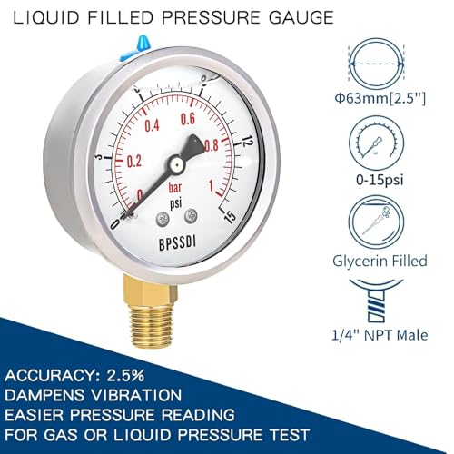 0-15 Psi Glycerin Liquid Filled Low Pressure Gauge, 2.5" Dial Size, 1/4" NPT Lower Mount, 304 Stainless Steel Case, for Water Pipe, HVAC, Water Oil Air Pressure Test - size: 0-15 psi, style: Lower Mount