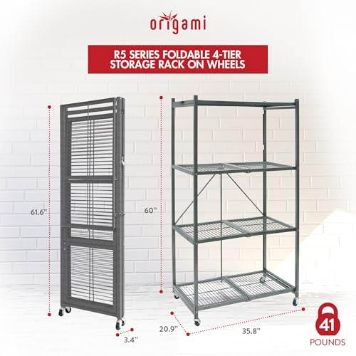 Origami R5 Series Foldable 4-Tier Heavy-Duty Steel Storage Rack, Pewter - color: Pewter, size: 1-Pack