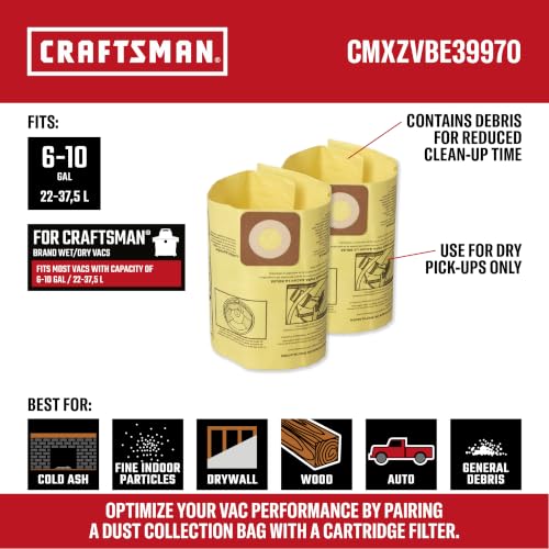 CRAFTSMAN CMXZVBE39970 Genuine 6-10 Gal. Wet Dry Vac Dust Collection Bags - style: 6-10 Gallon Fine Dust
