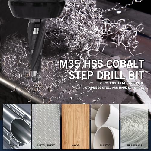 GMTOOLS M35 Four Spiral Flute Cobalt Step Drill Bit, 1/8"-1/2" Wear-Resistant TiAlN Coated Four-Flute Step Bit, 1/4" Hex Shank Unibit Step Bit for Metal, Stainless Steel, Aluminum, Wood, Plastic - style: Four blade 1/8-1/2