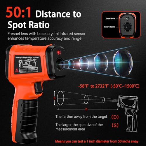 Infrared Thermometer Temperature Gun 2732°F 50:1 Pyrometer - color: -58°F to 2732°F/-4°F to 932°F