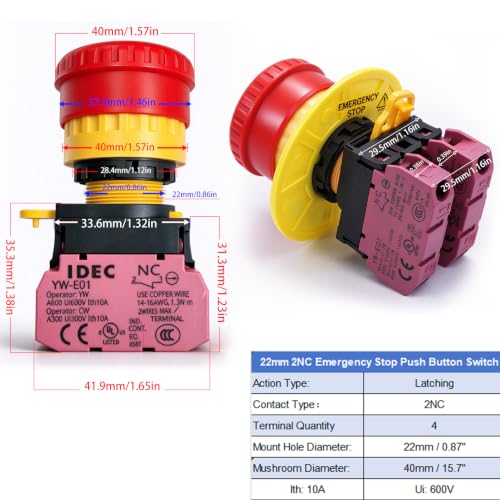 Taiss 22mm 2 NC Red Mushroom Latching Emergency Stop Push Button Switch,Stop Switch 10A 600V YW1B-V4E02R - color: 2 NC/