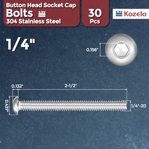 30pcs Button Head Socket Cap Screw-1/4-20x2-1/2 304Stainless Steel - size: 1/4"-20x2-1/2"