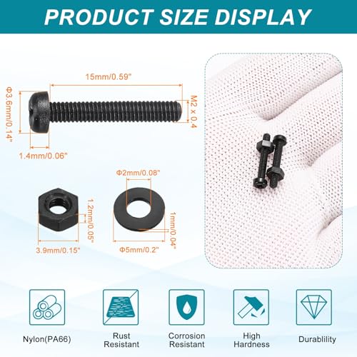 MECCANIXITY 30 Set M2x15mm Nylon PA66 Plastic Cross Round Head Screw Phillips Bolts Hex Nuts Flat Washers Assortment Kit, Metric Full Thread Bolt Fasteners for DIY Machine Assembly, Black - color: Black, size: M2x15mm
