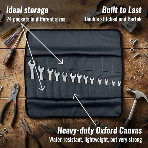 Under NY Sky Tool Roll, 24 Pocket Portable Oxford Canvas Wrench Bag, Gray - size: 24 Slots Gray