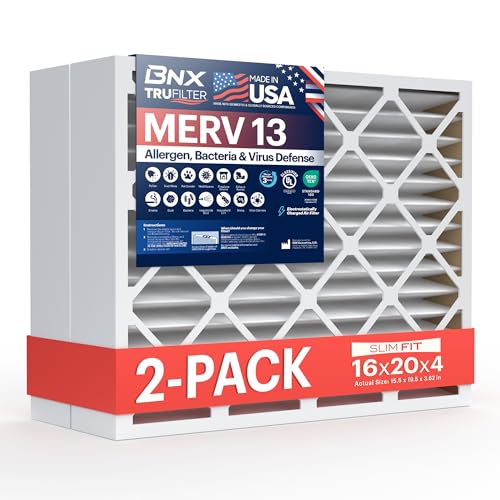 BNX TruFilter 16x20x4 (15.5’’ x 19.5’’ x 3.63‘’ Slim Fit) MERV 13 Air Filter (2-Pack) - MADE IN USA - Air Conditioner HVAC AC Furnace Filters Health, Allergies, Mold, Bacteria, Smoke, MPR 1900 FPR 10 - size: 16x20x4 2-Pack (Slim Fit)