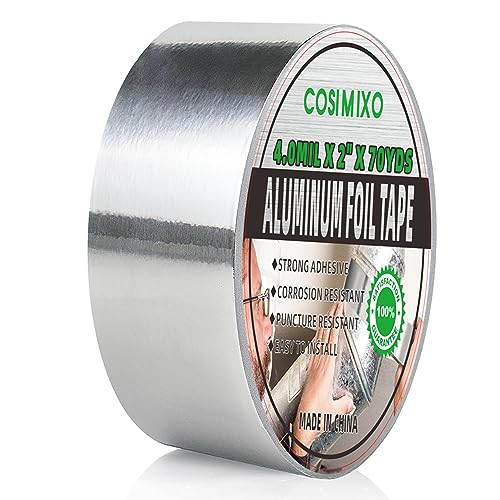 COSIMIXO Silver Aluminum Foil Duct Tape 4.0mil x 2 Inches x 70Yards,Heavy Duty,High Temperature Sealing and Patching,Perfect for HVAC,Air Ducts,Foamboard,Metal Repair,Insulation,Dryer Vent and More - size: 4Mil x 2" x 70yds