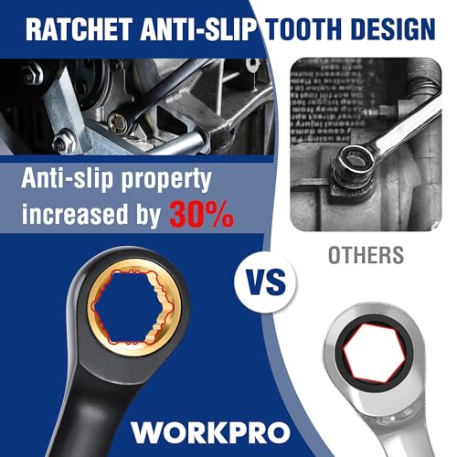 WORKPRO Extra Long Ratcheting Wrench Set, 10-Piece Anti-Slip Double Box Wrenches Set, Metric 8-19 mm, 72-Teeth, Cr-V Steel and Black Electrophoretic Coating Wrenches with Rolling Pouch - size: Metric