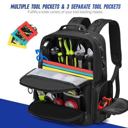 Tool Backpack,Heavy Duty Tool Bags for Men,Tool Storage Organizer Bag With 3 Tool Pouches for Electrician/Industrial/Construction/Tactical/Hvac Techs/Repairman Work - color: Black