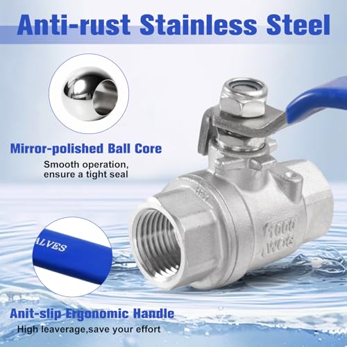 2 Pack Ball Valves 304 Stainless Steel 1/2 Inch NPT Female to Female Thread Full Port Ball Valve Pipe Connector with Lever Handle, Heavy Duty Shut Off Valve for Water, Oil, and Gas, 1000WOG - style: 1/2" Female x Female NPT-Long Handle