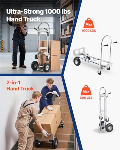 VEVOR 2 in 1 Hand Truck, 1000 lbs Load Capacity for 4-Wheel Mode, Convertible Hand Truck Dolly with Non-Slip Handle & Wheels, Portable Trolley Dolly for Moving Home, Office, Warehouse, Supermarket - size: 1000 lbs