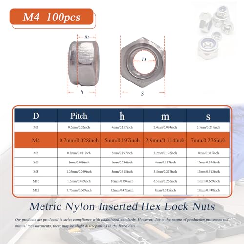 M4 x 0.7mm Nylon Insert Lock Nuts (100pcs) DIN 985 Locknuts 304 Stainless Steel Metric Thread Hex Nylock Nuts Reusable Anti-Loose Corrosion-Resistant for DIY Home Automotive Industrial - size: M4 x 0.7mm 100pcs