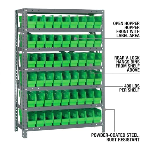 Quantum Storage Systems 1239-100GN Steel Shelving Unit with 4" Shelf Bins, 12" D x 36" W x 39" H, Green - size: 39" H x 36" W x 12" D, style: 12" L x 3" W x 4" H 72 Economy Green Bins
