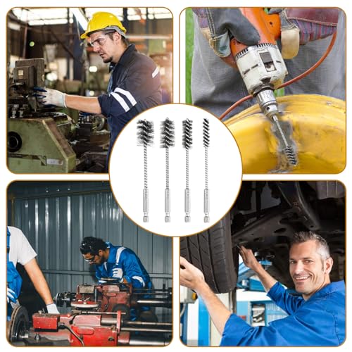 4 Pcs Stainless Steel Wire Brushes for Drill Stainless Steel Bore Brush Set 3/8'' 1/2'' 3/4'' 7/8'' Bristles Wire Brush with Hex Shank Handle for Drill Ports Tubes Bearings Cleaning Parts