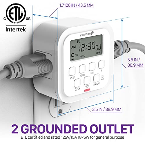 Fosmon 7 Day Digital Timers for Electrical Outlets, Indoor Plug-in Light Timers Switch Programmable, Electric Wall Plug for Lamp, Grow Reptile Lights, Aquarium, 15A/1875W, Grounded - style: 7 Day Timer With Random Function 1 pack