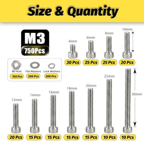 750PCS M3 Hex Socket Screw Kit,M3x4/6/8/10/12/14/16/18/20/25/30mm - size: SS M3 750Pcs 4-30MM