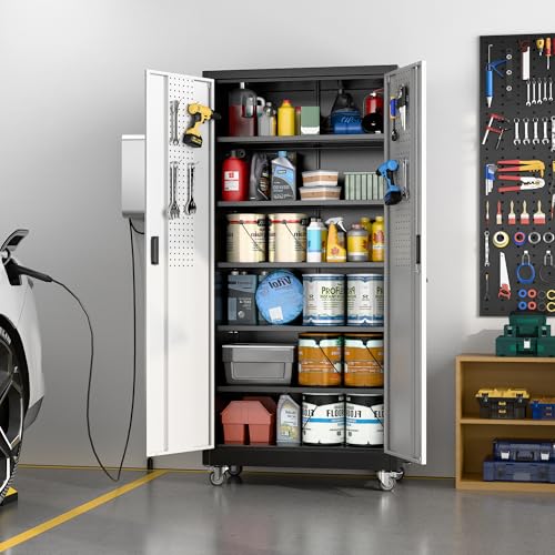 Aobabo Garage Storage Cabinet with Wheels, Metal Storage Cabinet with 5 Adjustable Shelves for Garage Home, Black&Silver,71" H*34''W*18''D,Required-Assembly, - color: Black Silver, size: 18"D x 34"W x 71"H