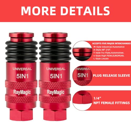 RayMagic Upgraded 5IN1 Universal Quick Industrial Connect Coupler, 1/4" Female NPT, Air Hose Fittings, 6-Balls Release Sleeve, 1/4" Body Size, Red(1-Piece) - style: 1-PIECE