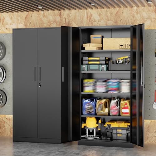 SUNCROWN Metal Storage Cabinets with Lock, Tool Cabinet, 72" Locking Steel Storage, Tall Locker Organizer Garage Cabinets with 2 Doors and 4 Shelves for Home,Office,Warehouse,Garage,School(Black) - color: Black, size: 72"H x 32"W x 16"D