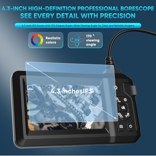 Industrial Endoscope Borescope with Light, 8mm Dual Lens 1080P HD IP67 Waterproof Snake Camera with 4.3" LCD, 8 LEDs & Semi-Rigid Cable - Inspection Tool for Industrial Use (32GB Included)