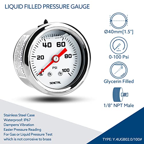 SENCTRL 0-100 Psi Fuel Pressure Gauge, 1/8" NPT Back Mount - size: 0-100 Psi, style: Back Mount