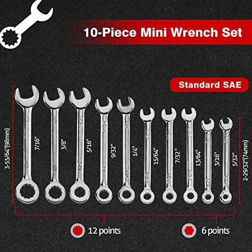 SPEEDWOX 10-Piece Mini Wrench Set, Standard SAE Sizes, High Carbon Steel, Portable Canvas Bag - size: SAE