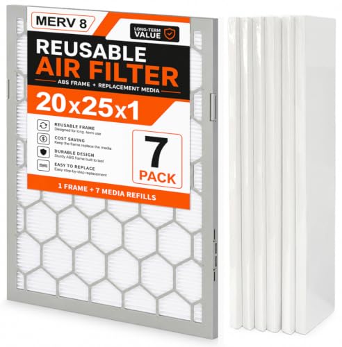 20x25x1 MERV 8 Air Filter,AC Furnace Air Filter,Reusable ABS Plastic Frame, 7 Pack Replaceable Filter Media (Actual Size: 19 3/4" x 24 3/4" x 3/4") - size: 20x25x1, style: MERV8